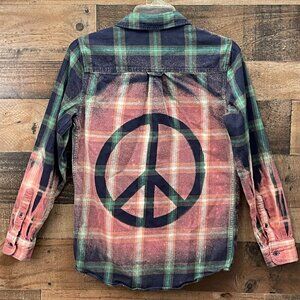 Bleached Peace Sign Flannel Shirt Navy Green Plaid Size XS